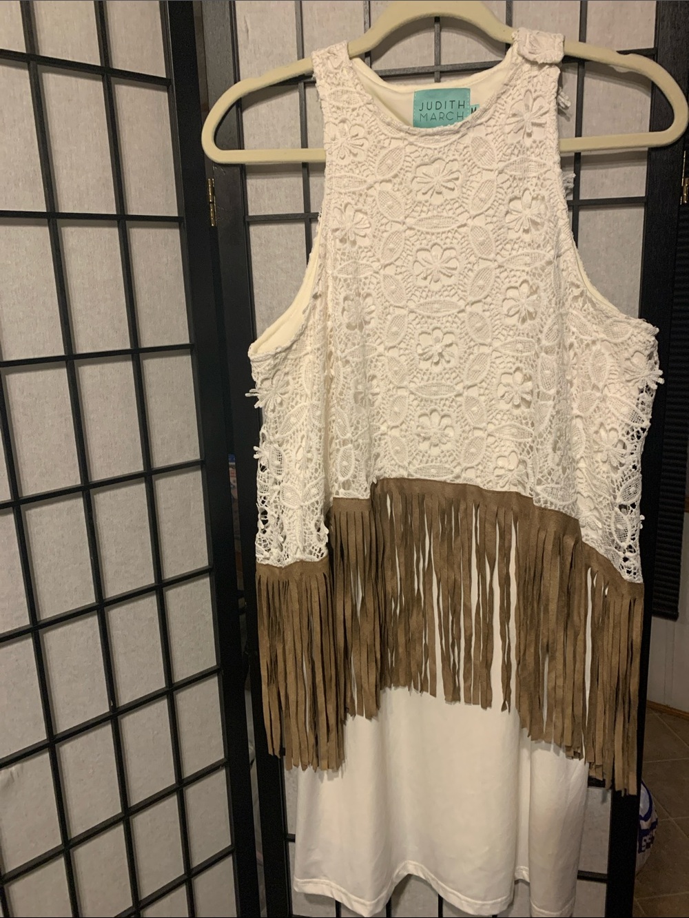 Judith March Cream Crochet Tank Dress with Tan Fringe Size M